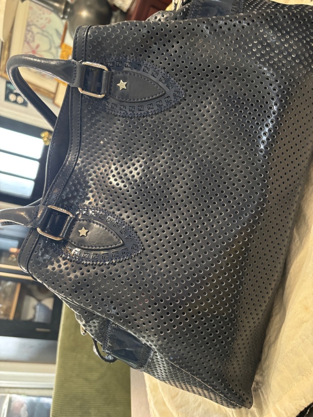 Fendi navy blue Perforated Leather Shoulder Bag with Logo Detail - Picture 5 of 8
